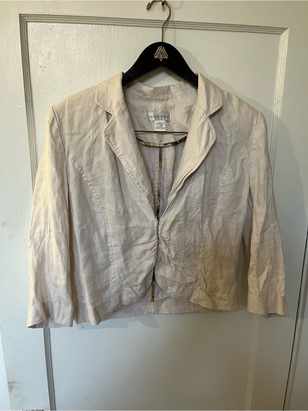 Worthington Beige 100% Linen Blazer Size 8 3/4 Ruched Sleeve EUC